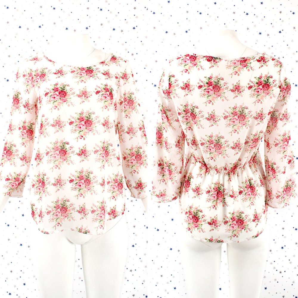 Ivory Floral Print Sheer Chiffon Blouse Top